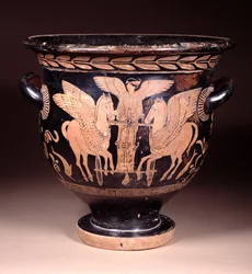 Red-figure bell krater depicting Eos riding her chariot from the sea, Lucanian, c.440-420 BC